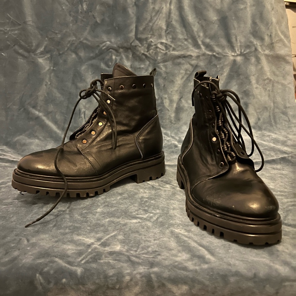 Black Leather women’s chunky lace up boot with metal details